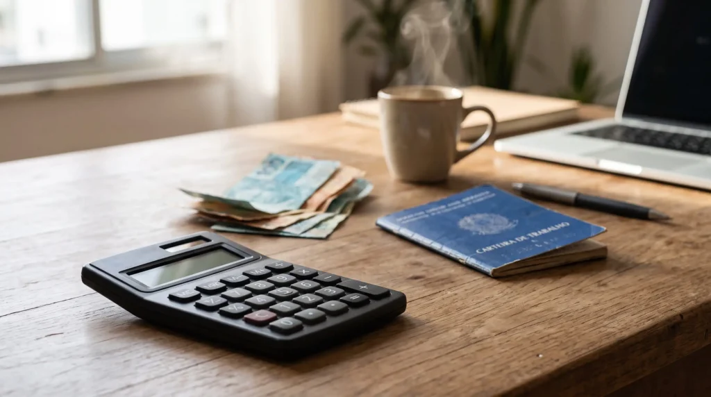 Calculadora e dinheiro sobre uma mesa de trabalho